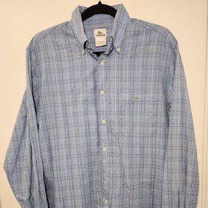 Lacoste Men's 42 Plaid Long Sleeve Collared Button Down Shirt Blue 100% Cotton